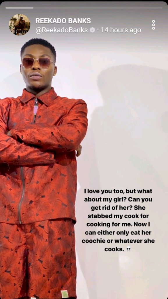 Reekado Banks narrates how his girlfriend stabbed chef for cooking for him