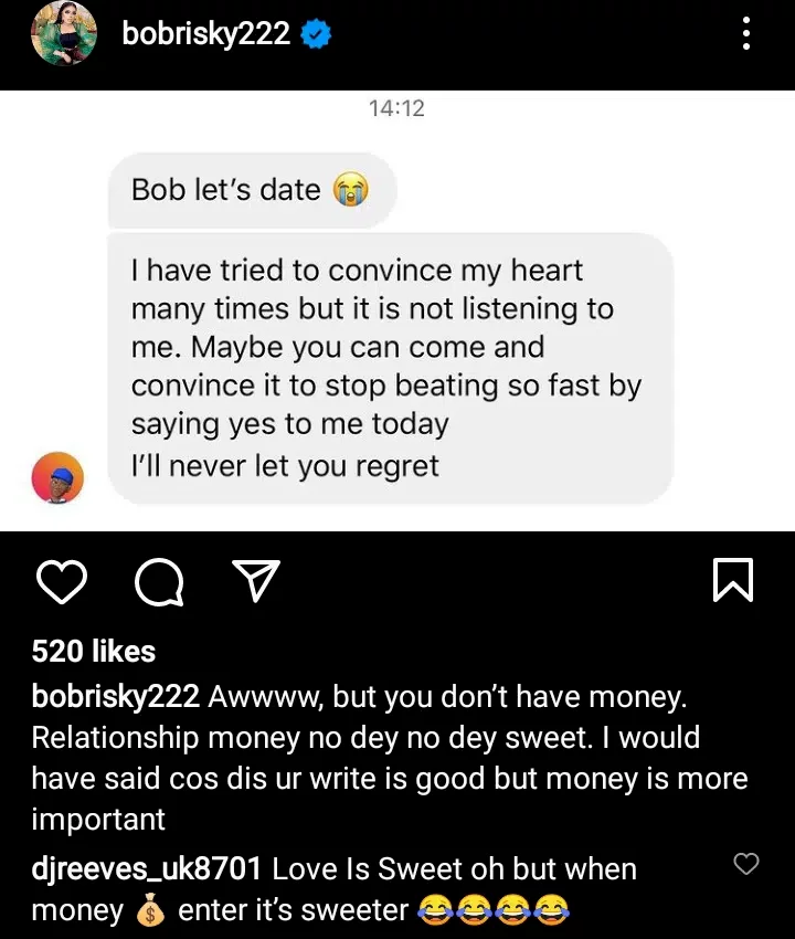 'Relationship no de sweet without money' - Bobrisky rejects poor suitor who asked him out on a date