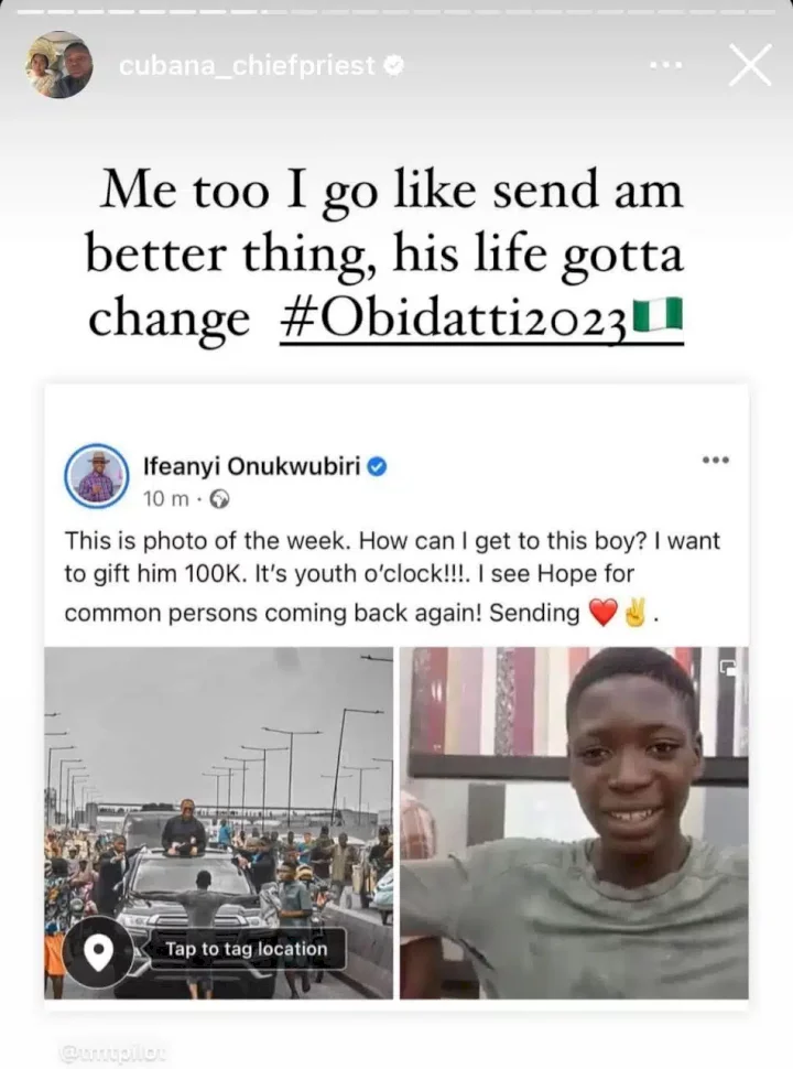 Cubana Chief Priest vows to make teenager millionaire for standing in front of Peter Obi's Convoy