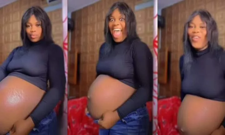 Netizens slam pregnant lady as she swiftly sucks in heavy baby bump to almost flat stomach (Video)