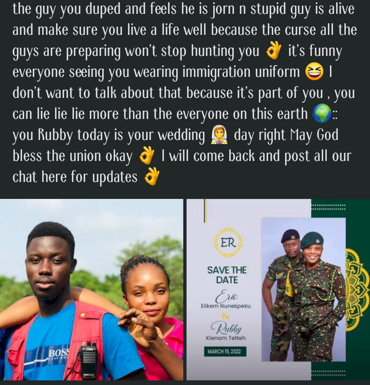 'The curses all the guys are preparing won't stop hunting you' - Man rants extensively on ex-girlfriend's wedding day, accuses her of duping him and her previous lovers