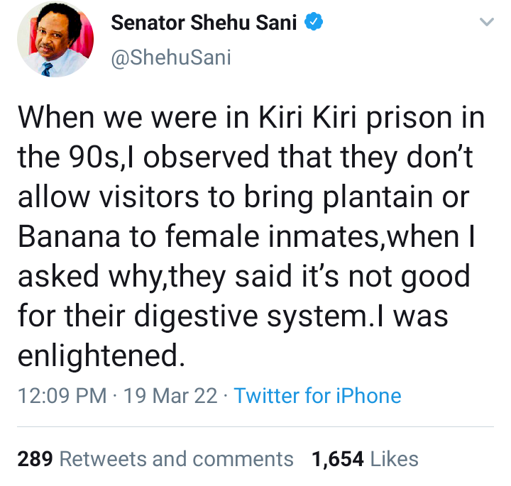 Reactions as Shehu Sani recounts experience in KiriKiri prison; reveals why visitors aren't allowed to take plantain or banana to female inmates