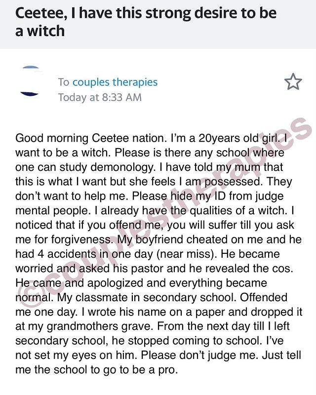 'I have this strong desire to be a witch' - 20-year-old lady seeks help on making her dream come true