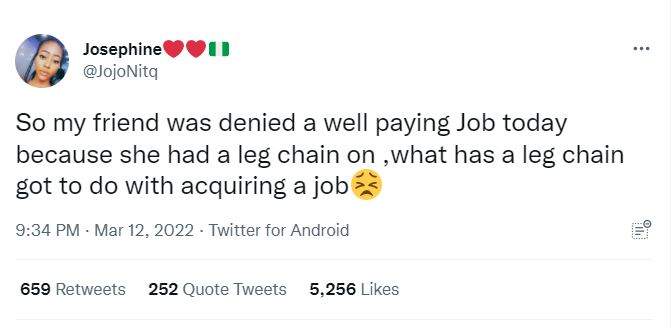 Lady reportedly denied a job because of her leg chain