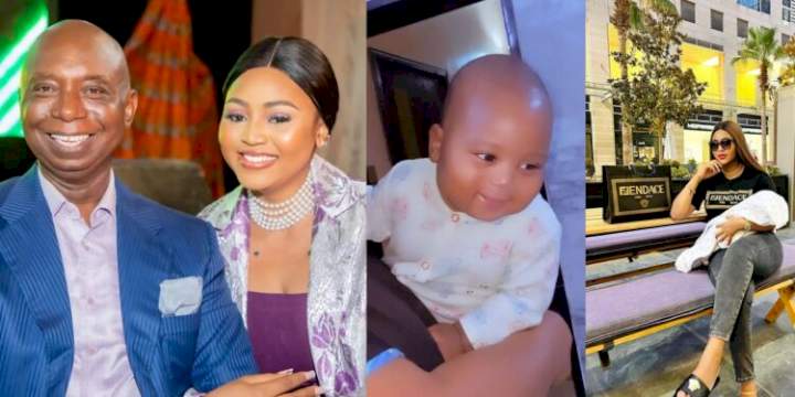 "His father's carbon copy" - Reactions as Regina Daniels shares clearer view of second son, Khalifa (Video)