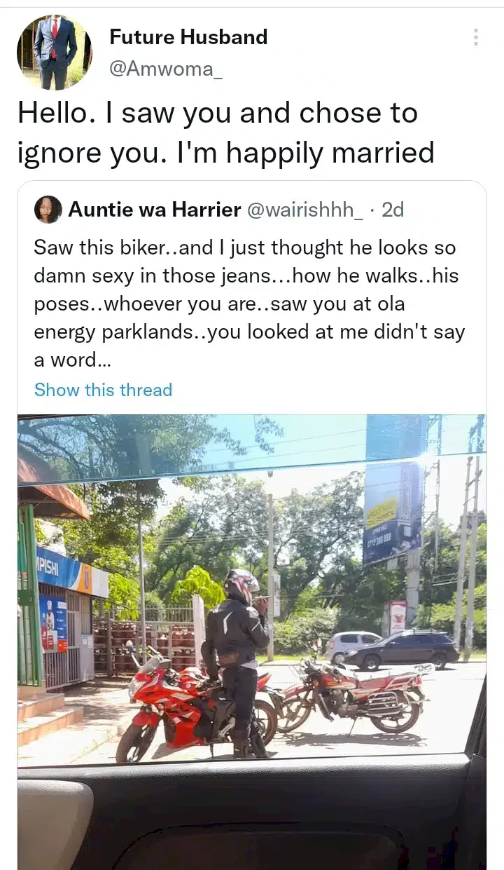 'Emotional damage' - Reactions as man replies lady who publicly professed love for him after she spotted him on power bike