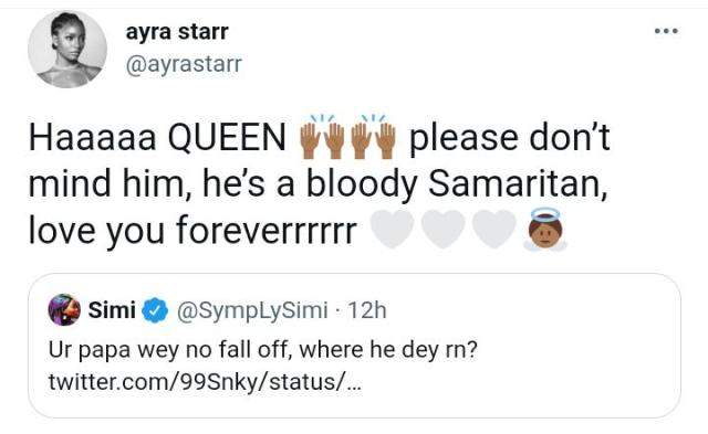 'Don't mind him, he's a bloody Samaritan' - Ayra Starr defends Simi after she was trolled by a fan
