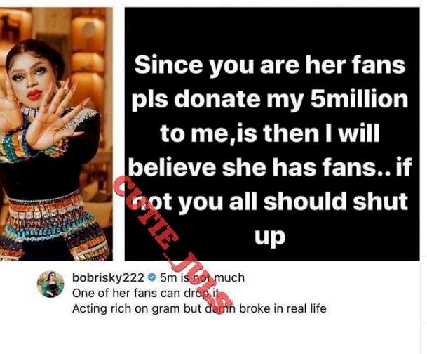'Contribute my N5M for me then I'll know she has fans' - Bobrisky dares Tonto Dikeh's fans