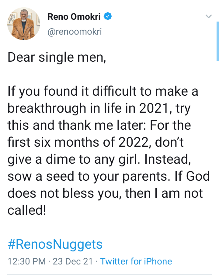 First six months of 2022, don't give money to any lady if you didn't make it in 2021 - Reno Omokri gives men success tips