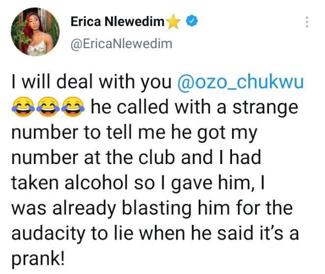 I Will Deal With You Ozo Chukwu - Erica Vows After Phone Call Prank From Colleague