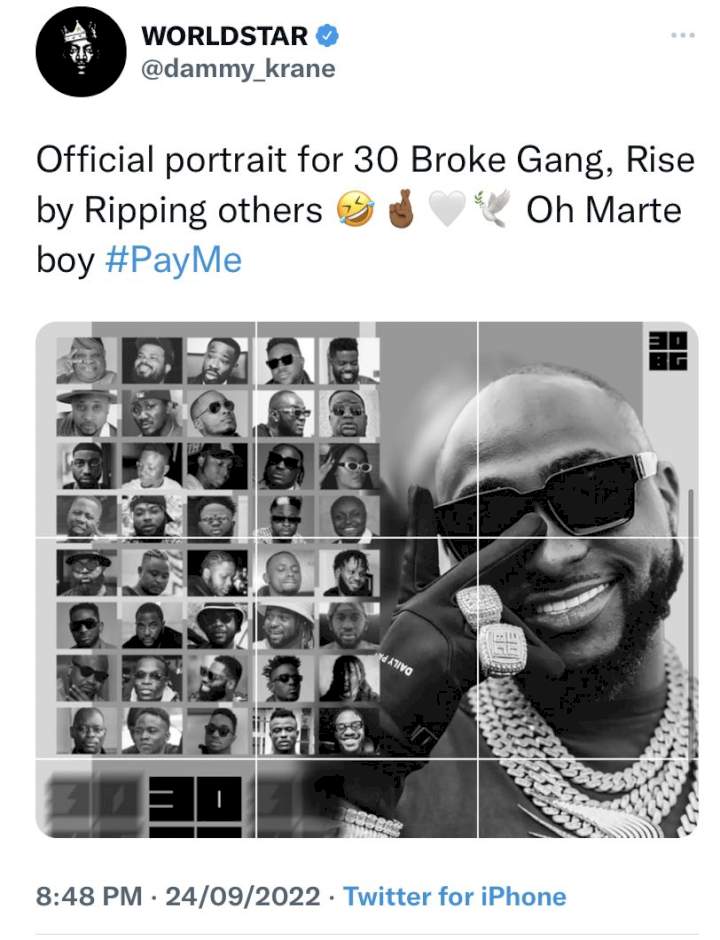'Rise by ripping others' - Dammy Krane releases 'Portrait of 30 Broke Gang' as he calls out Davido over unpaid debt