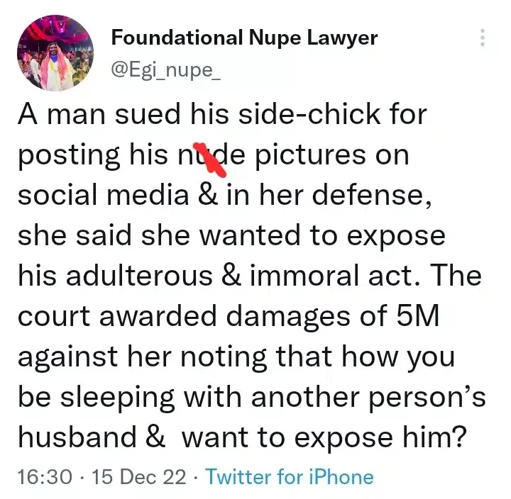 Married man drags side chic to court for leaking bedroom pictures, receives N8M for damages