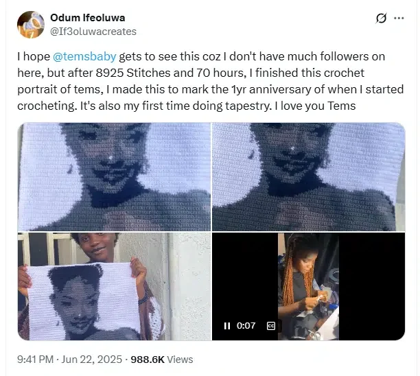 Tems gifts fan N3M after she made crochet design of her