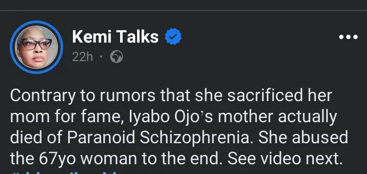 Why Iyabo Ojo's mother passed away - Kemi Olunloyo