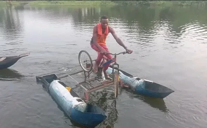 'It's actually working' - Bayelsa man stuns many as he builds water bicycle that rides on rivers