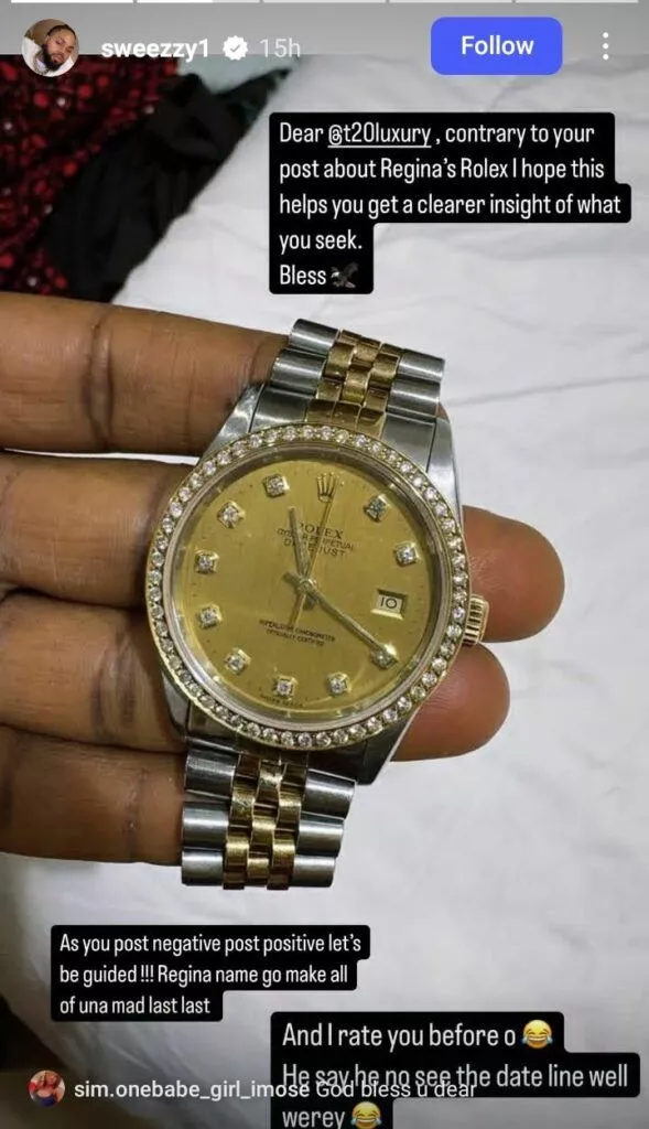 Regina Daniels brother adresses fake Rolex watch claim, shares evidence