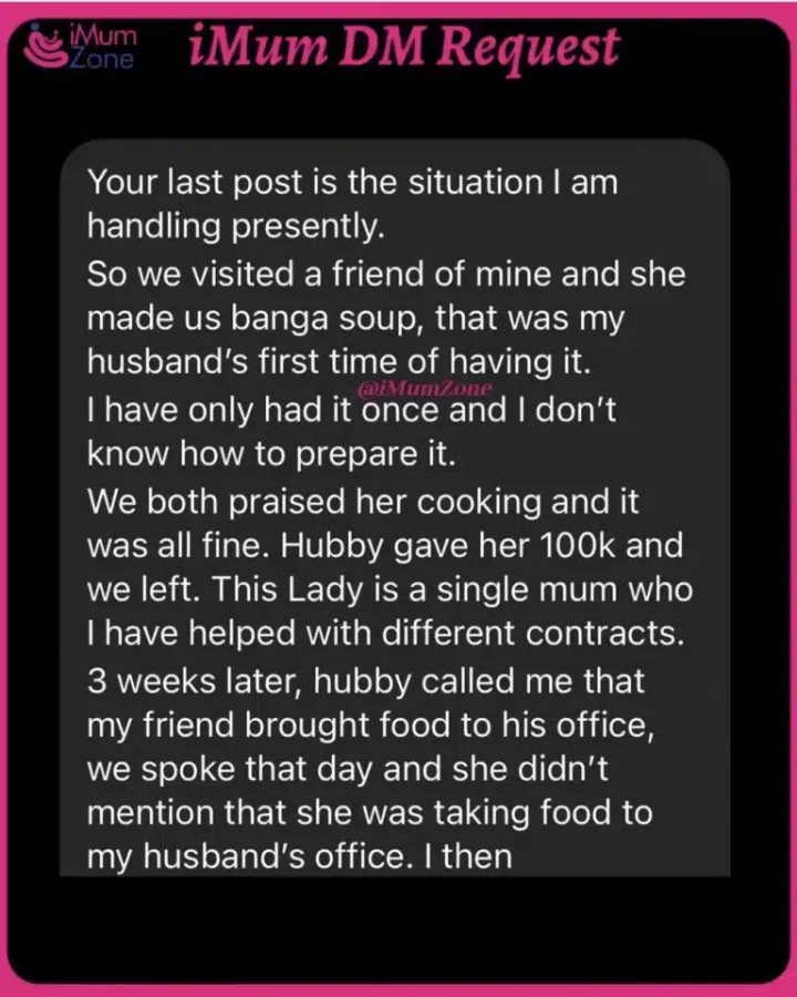 'Am I wrong' - Married woman asks as she cuts off friend who took Banga soup to her husband in his office