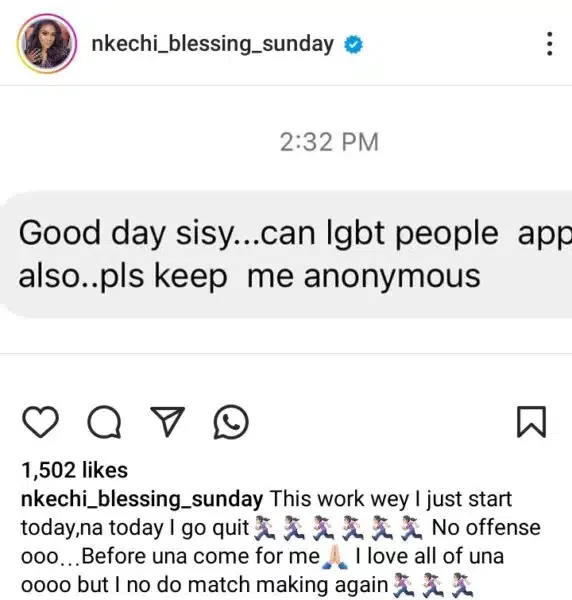 'Please keep me anonymous' - Nkechi Blessing quits her matchmaking business as client makes unusual request