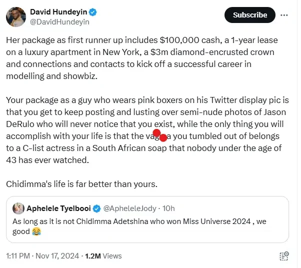 David Hundeyin roasts critic who mocked Chidimma Adetshina for coming 2nd at Miss Universe