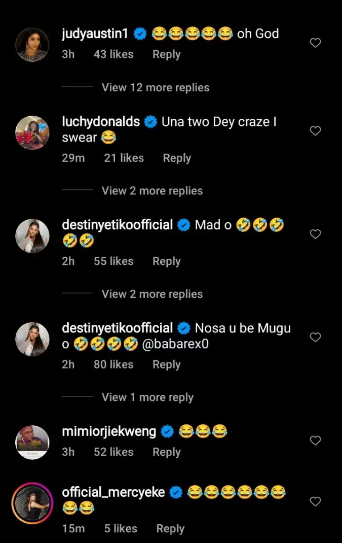 Destiny Etiko, Luchy Donalds, Mercy Eke others react to bedroom scene of Baba Rex and Onyii Alex