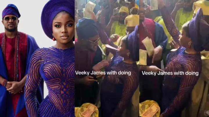 "She's a baller" - Veekee James sprays money on her husband on their traditional wedding day