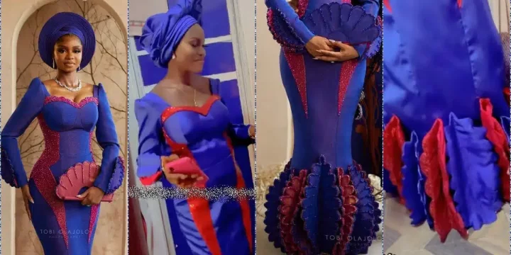 Lady under fire for recreating Priscilla Ojo's wedding outfit Lady under fire for recreating Priscilla Ojo's wedding outfit