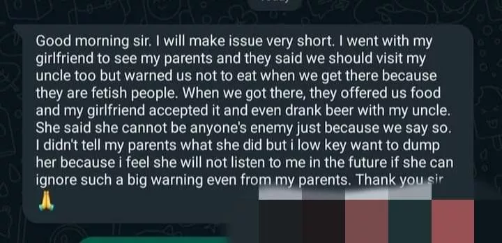 Man considers dumping girlfriend for eating at his 'fetish' uncle's place despite being warned not to