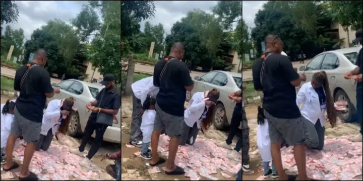 Big men make money rain on lady as she signs out of school, video goes viral