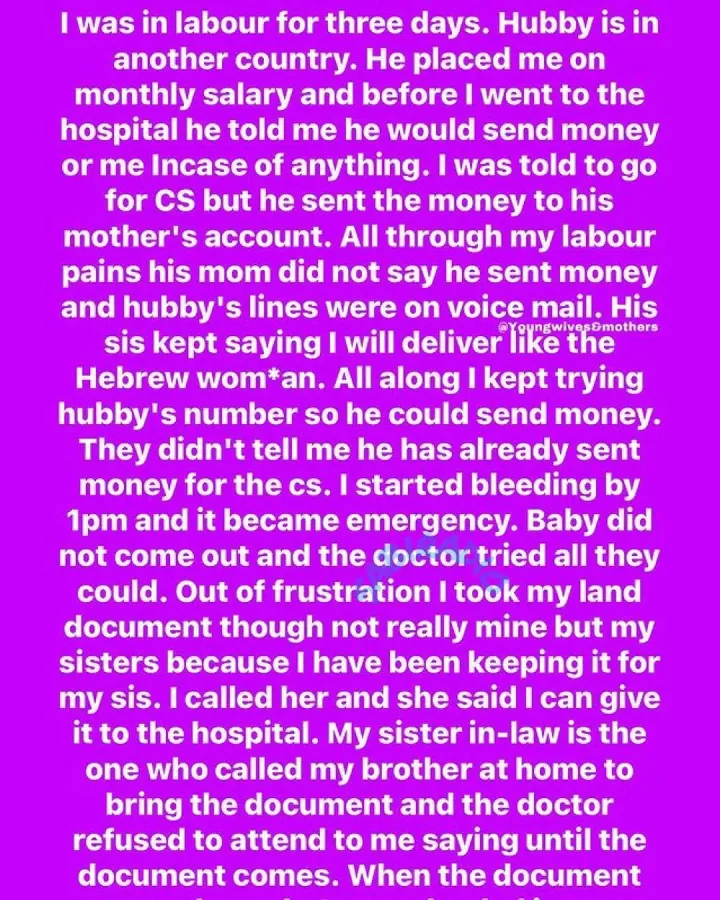 'My husband sent delivery money to mother and sister in case I don't make it in delivery room' - Lady shares heart wrenching story