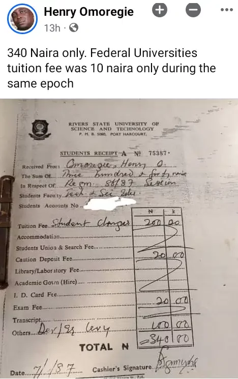 'I paid just N340' - Nigerian man shares his 1987 university tuition fee official receipt online, receipt causes buzz