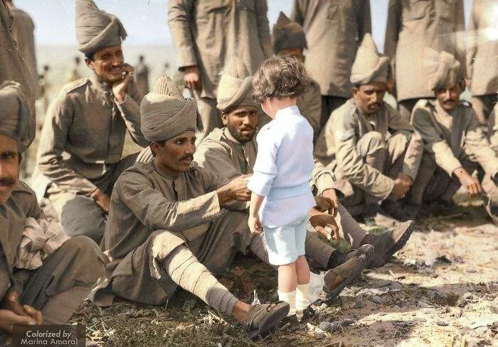 A French Boy Introduces Himself To Indian Soldiers Who Had Just Arrived In France To Fight Alongside French And British Forces, Marseilles, 30th September 1914