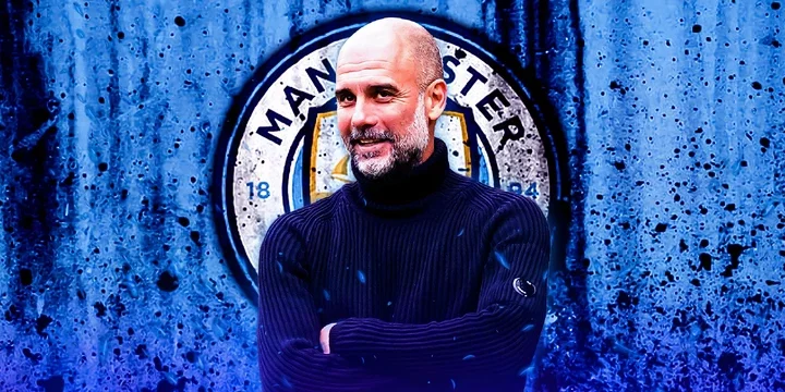 Manchester City boss Pep Guardiola in front of the Sky Blues' badge