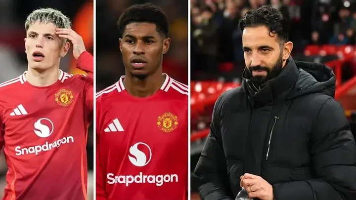 Man Utd manager Ruben Amorim and wingers Alejandro Garnacho and Marcus Rashford