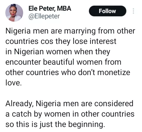 Nigerian men are marrying foreigners because Nigerian women monetize love - Lady says