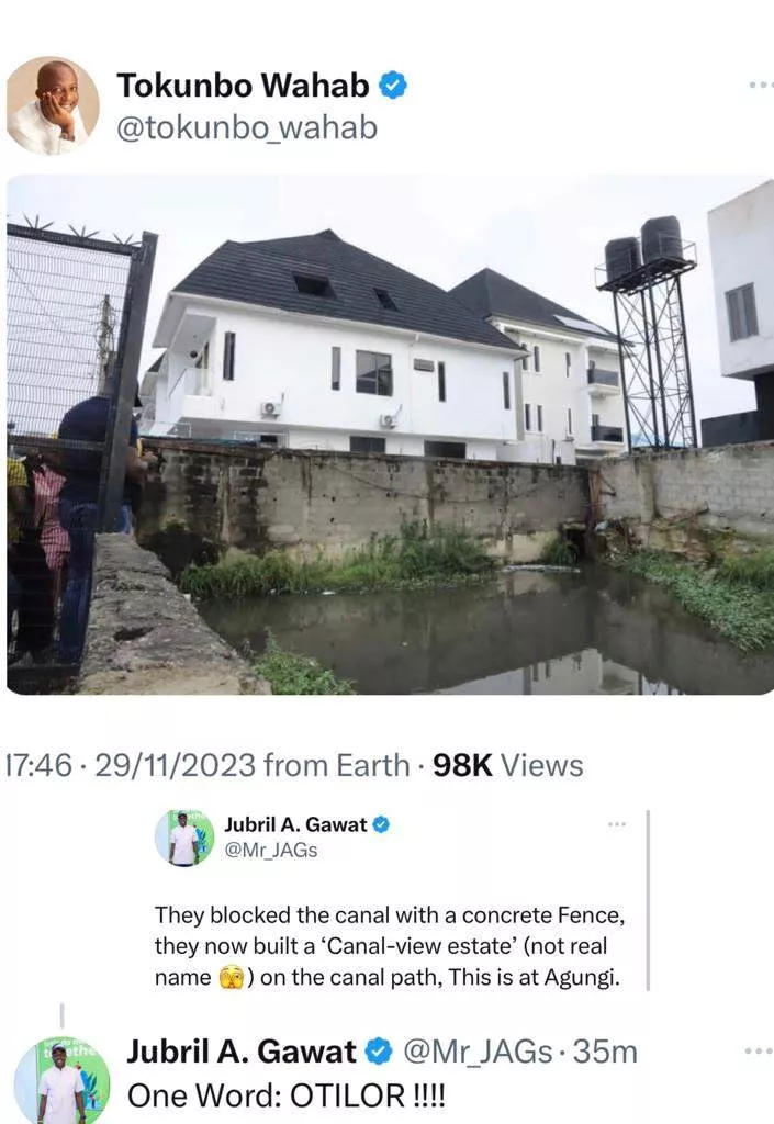 Lagos state Commissioner for Environment and Water Resources shares photo of a house built on a canal