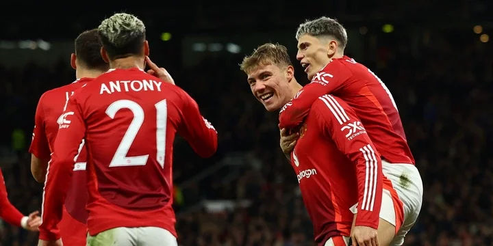 Manchester United's Rasmus Hojlund celebrates scoring their third goal with Alejandro Garnacho