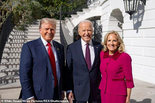 Harris is said to have expressed a 'deep sadness' over her loss and those close to her believe Biden's dubious contention that he would have won shows the 'one-sided loyalty' of their relationship. (The Bidens are pictured with Trump on November 13).