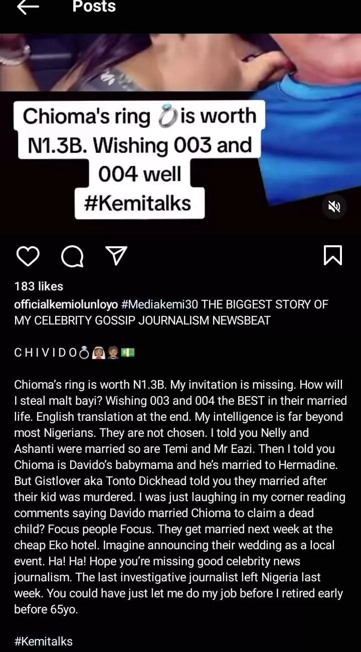 Kemi Olunloyo mocks Davido, Chioma ahead of 'cheap' wedding