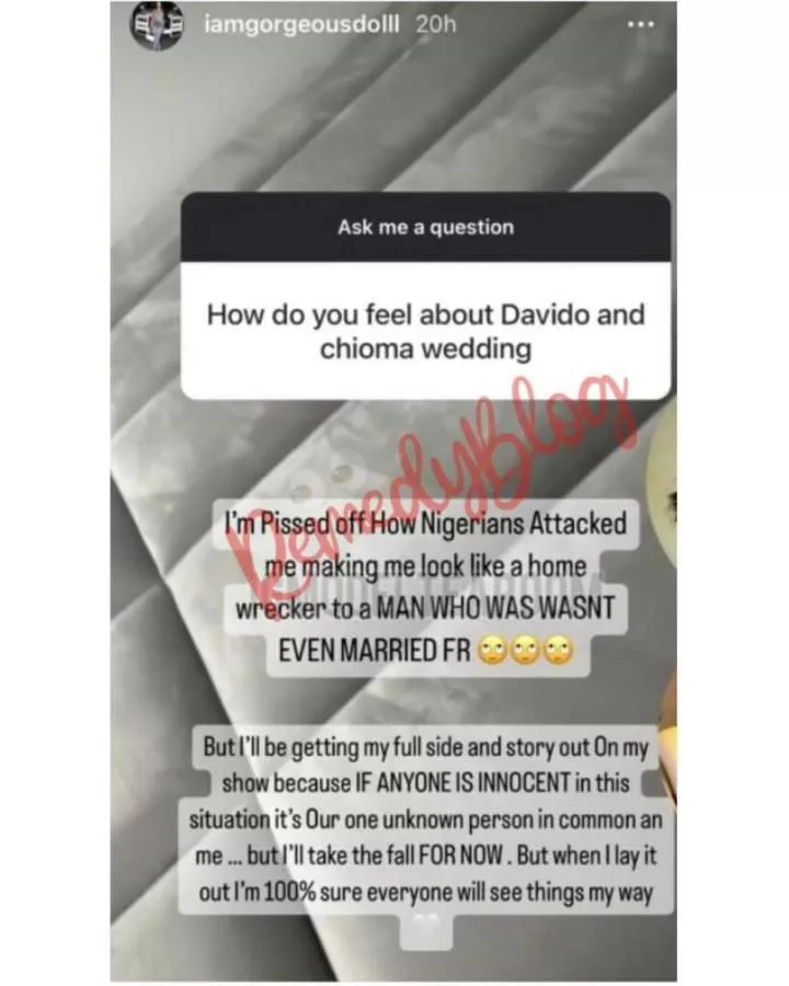 Model who released viral video of Davido begging in tears reacts to wedding