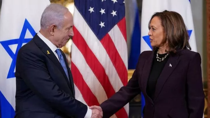 US Vice Kamala President Harris meets with Israeli prime minister Benjamin Netanyahu in Washington<br />