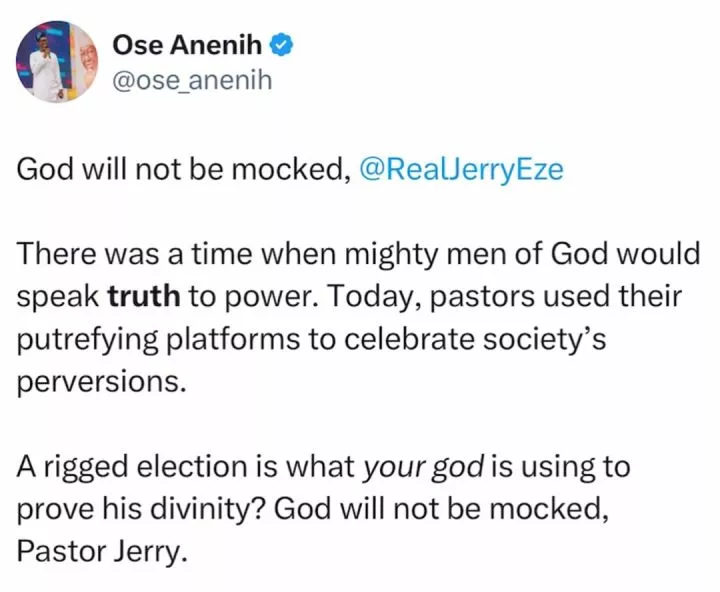 X-users react as Edo state governor, Monday Okpebholor testifies in Pastor Jerry Eze?s church of how God miraculously made him Governor