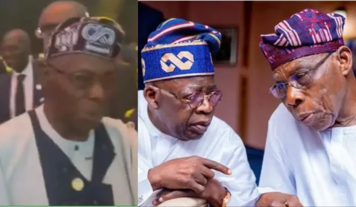 Obasanjo caught wearing Tinubu's cap (Video)