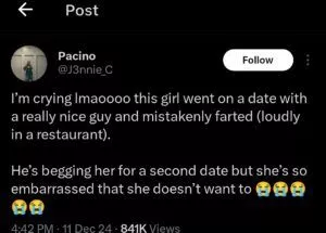 Lady accidentally farts loudly on date at restaurant, man begs for second date