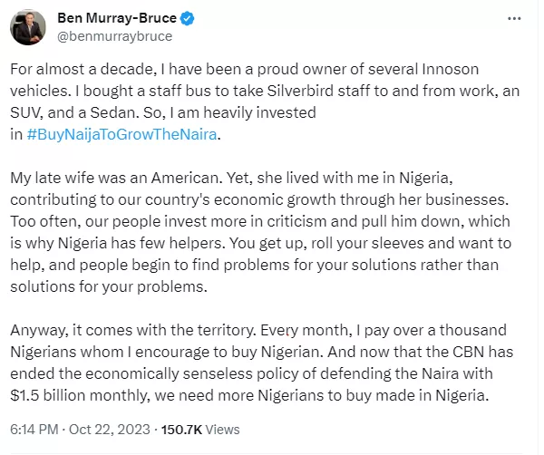 Senator Ben Murray Bruce responds after he was criticised for asking Nigerians to patronise Nigerian brands to grow the Naira