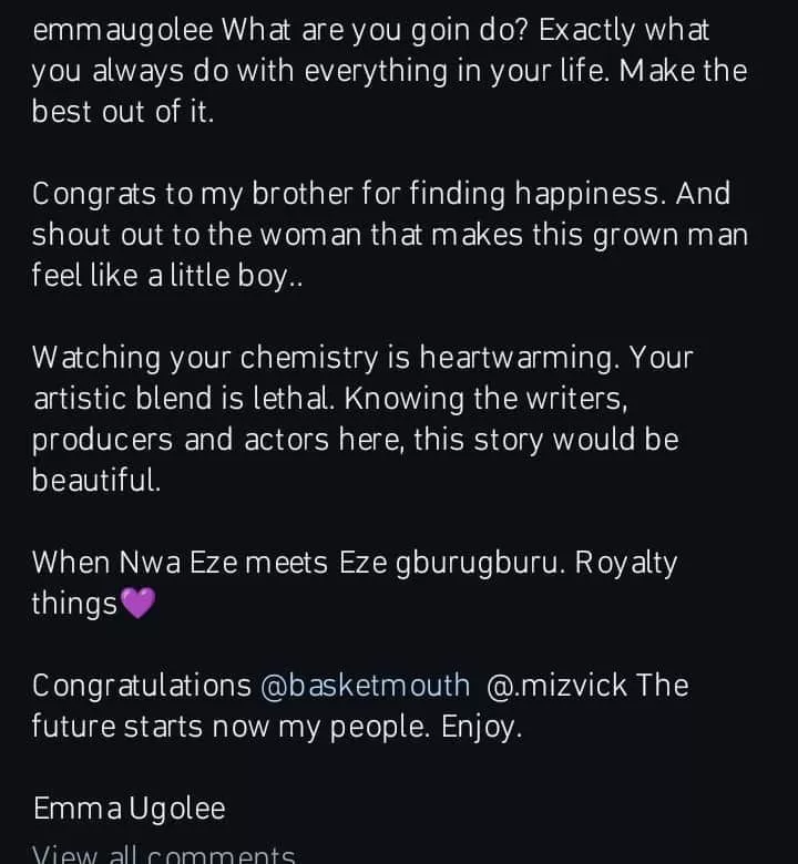 Media personality Emma Ugolee congratulates Basketmouth for finding love again