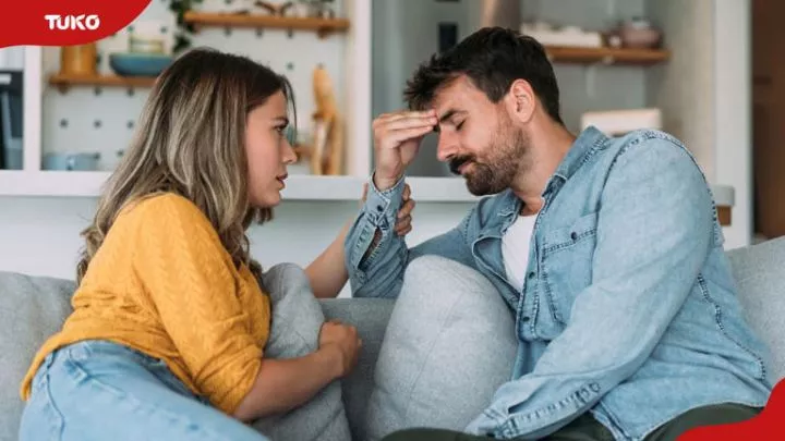 Young wife expressing empathy and compassion to her sad frustrated husband. Photo: VioletaStoimenova (modified by author) Source: Getty Images