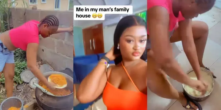 Nigerian lady shows 'wife material' skills with jollof rice and semo at boyfriend's family house