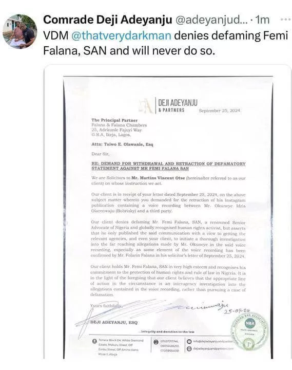 VeryDarkMan denies defaming Falz's father, Femi Falana