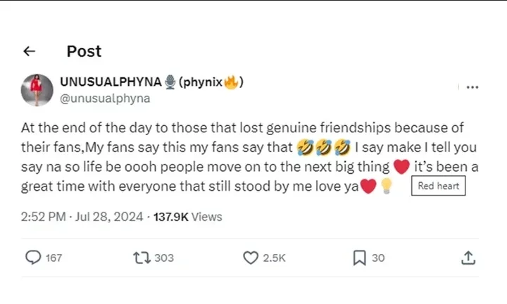 'Losing genuine friends because of fans, now they've moved on' -BBNaija Phyna chides colleagues