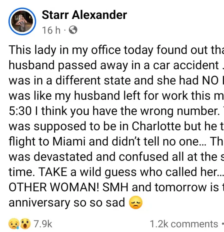 Lady in shock as husband passes away in accident while traveling to meet side chick